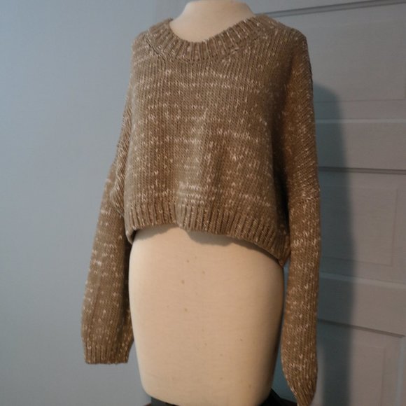 "Don’t Ask Why" Brown and Cream Oversized Puffy Sleeve Cropped Sweater One Size - Picture 1 of 6
